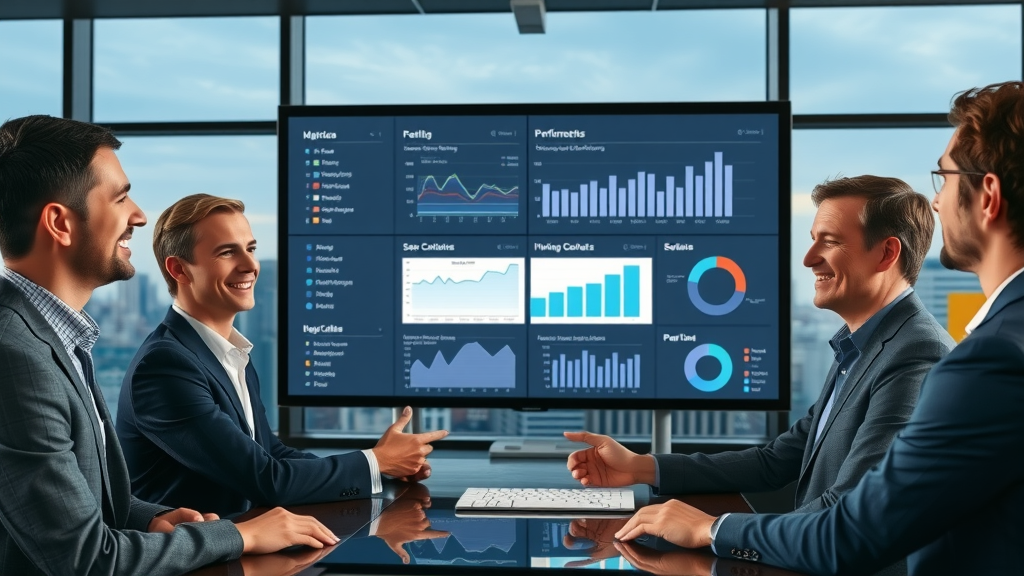 marketing team reviewing results from media channel optimization on digital dashboard