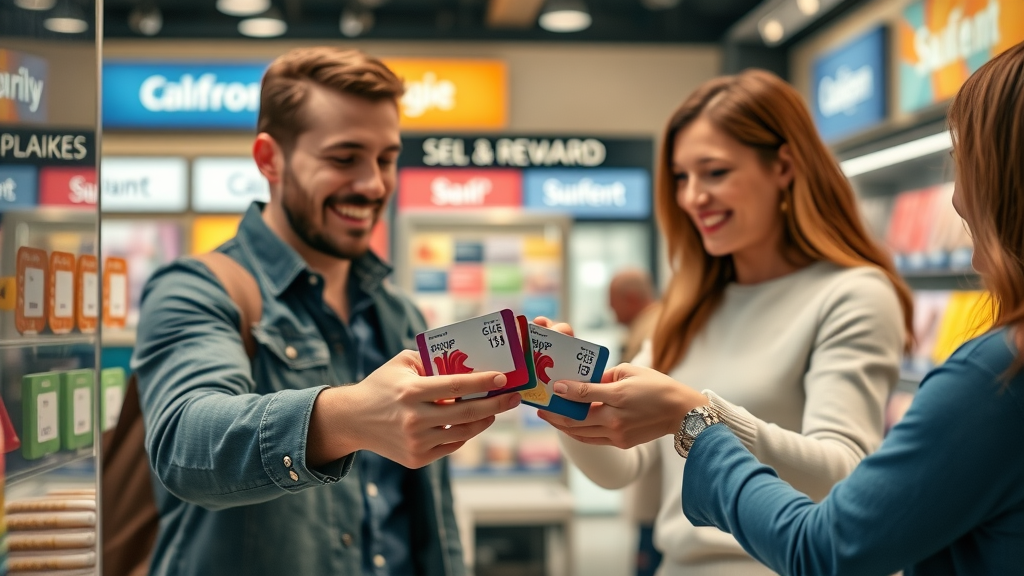 satisfied shoppers using point-based and tier-based loyalty cards in stylish retail setting