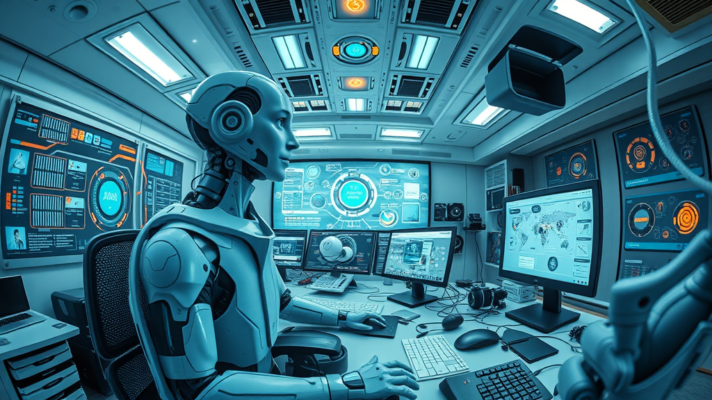 AI voice agent coordinates interconnected IoT devices in a futuristic office, exemplifying ai voice agents for business industry trends integrated with ai platforms