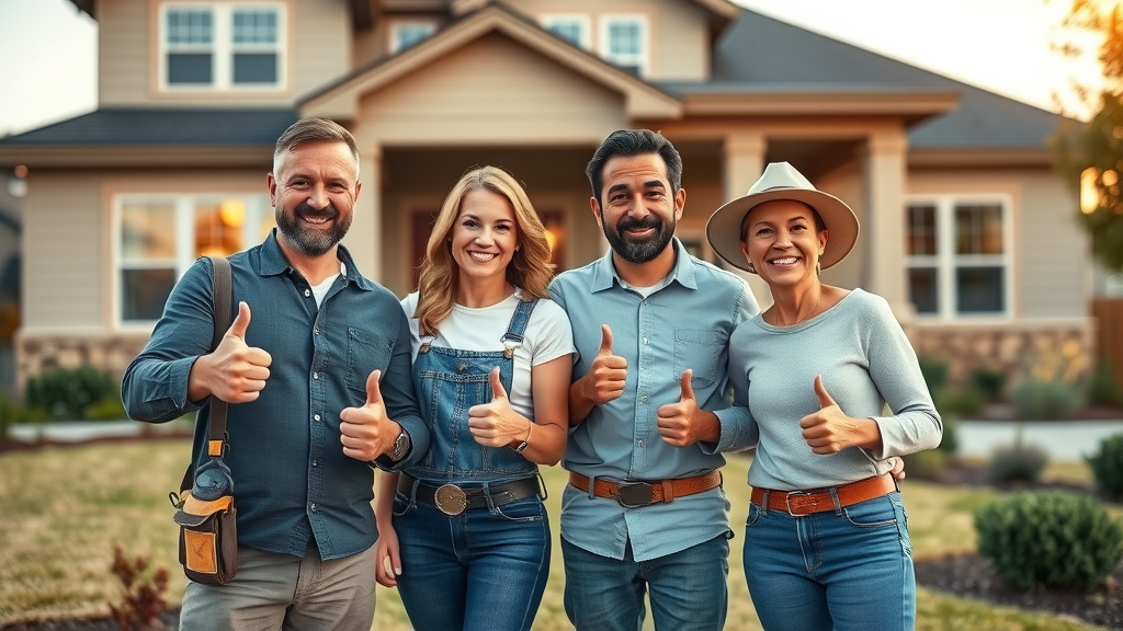 satisfied homeowners and contractors giving a thumbs up in front of a home project - social proof on a home service website