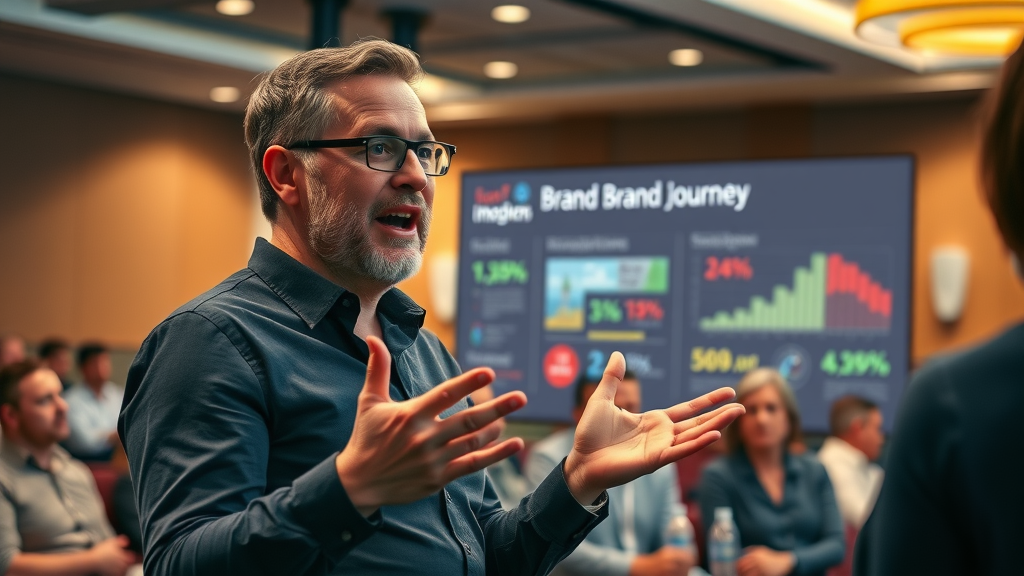 storytelling marketer presenting brand journey to audience for strong brand story