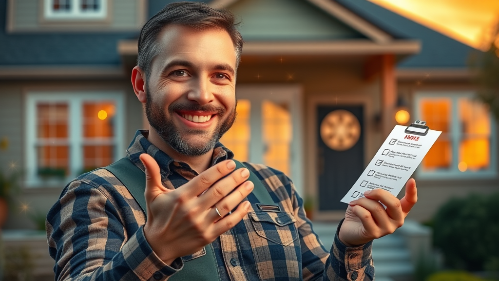 Helpful contractor providing home improvement advice to a client through a blog to build trust in the construction business. Residential background with digital checklist overlays and warm sunset lighting.