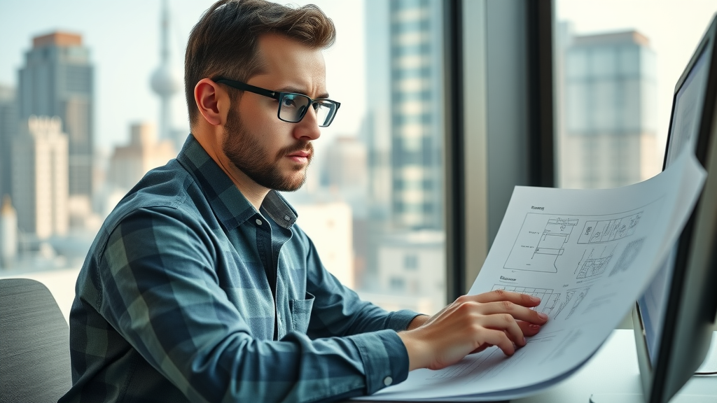 professional contractor at computer, focused expression, typing blog post, google my business, modern office - why contractors who blog weekly are winning the Google game