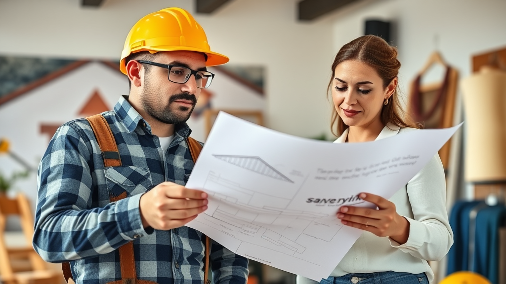 experienced roofing contractor consulting homeowner, roof maintenance, reviewing blueprints for roof repairs