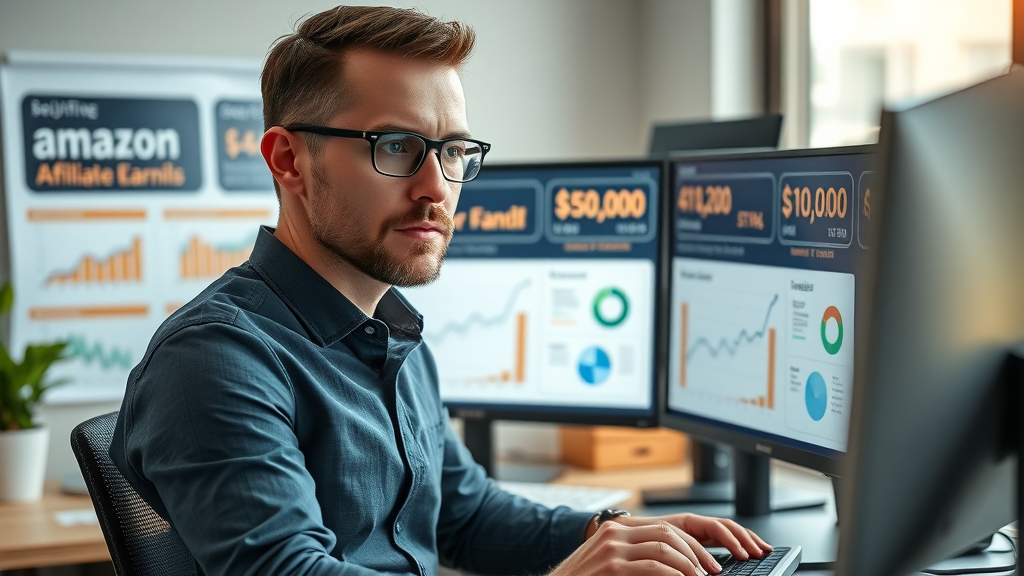 affiliate on amazon analyzing earnings dashboard in a modern home office