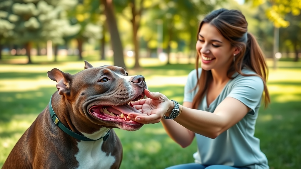 encouraging, young woman trainer rewarding a smiling pit bull with a treat, cheerful expressions, photorealistic high fidelity lifelike, dog training setting in a sunny park with green grass and trees, highly detailed, gentle hand motions, soft natural light, vibrant color palette, shot with a 70mm lens. positive reinforcement for pit bull