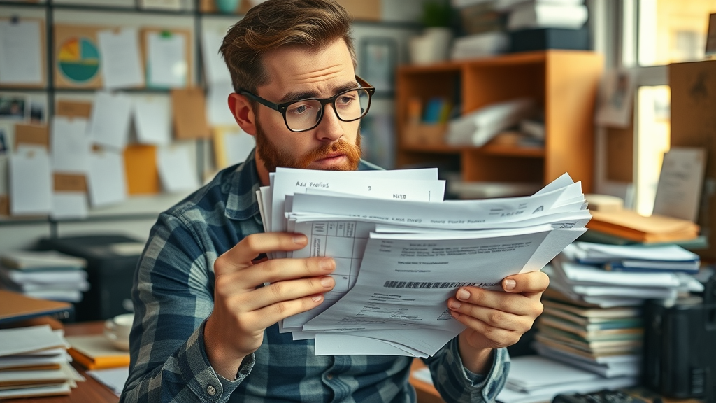 overwhelmed small business owner local advertising stacking receipts and ad proposals