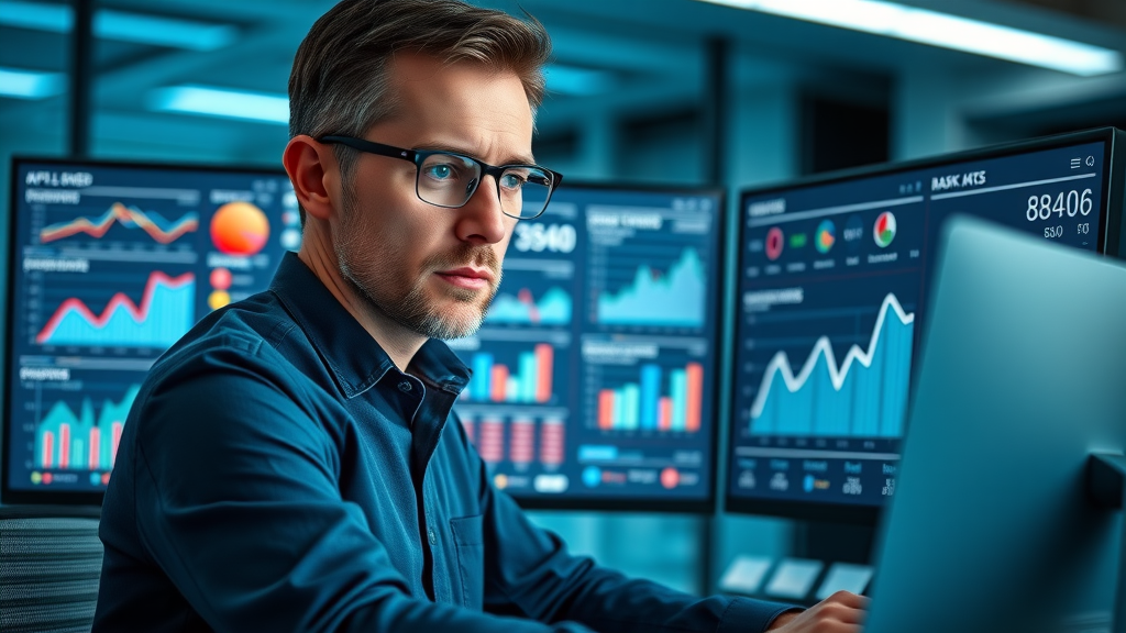 Modern SEO dashboard showing domain authority and KPI trends for off-page SEO, analyst reviewing data