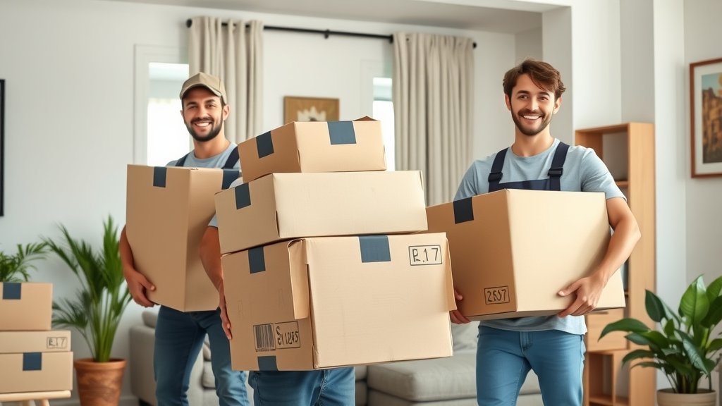 Organized, cheerful professional movers carrying moving boxes in a tidy residential home, local moving company success