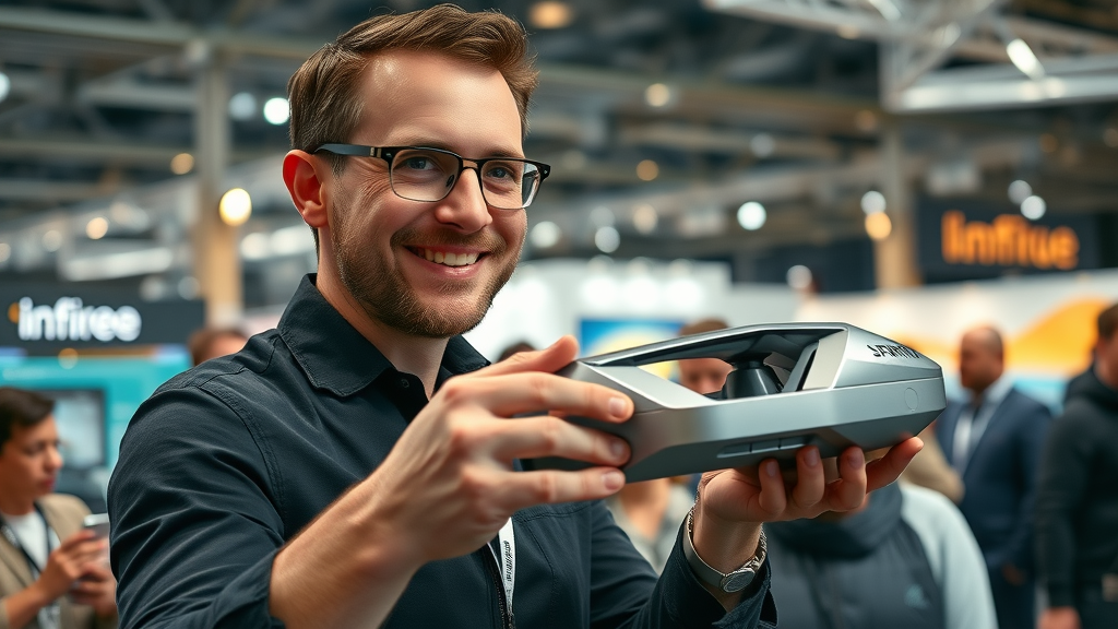 startup founder showcasing distinctive product design for brand positioning at a tech expo