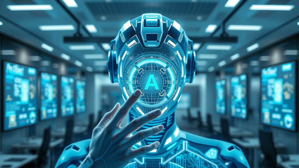 Futuristic AI interface representing AI gatekeeper visibility with glowing data streams and holographic screens in a sleek office