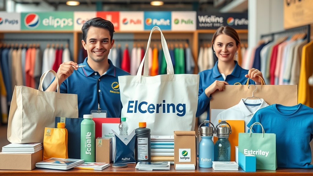 Collection of popular custom promotional products for small businesses including eco bags, polo shirts, and stationery