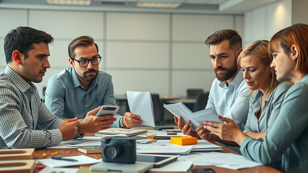 Concerned marketing team reviewing poorly chosen promotional products causing confusion in office setting