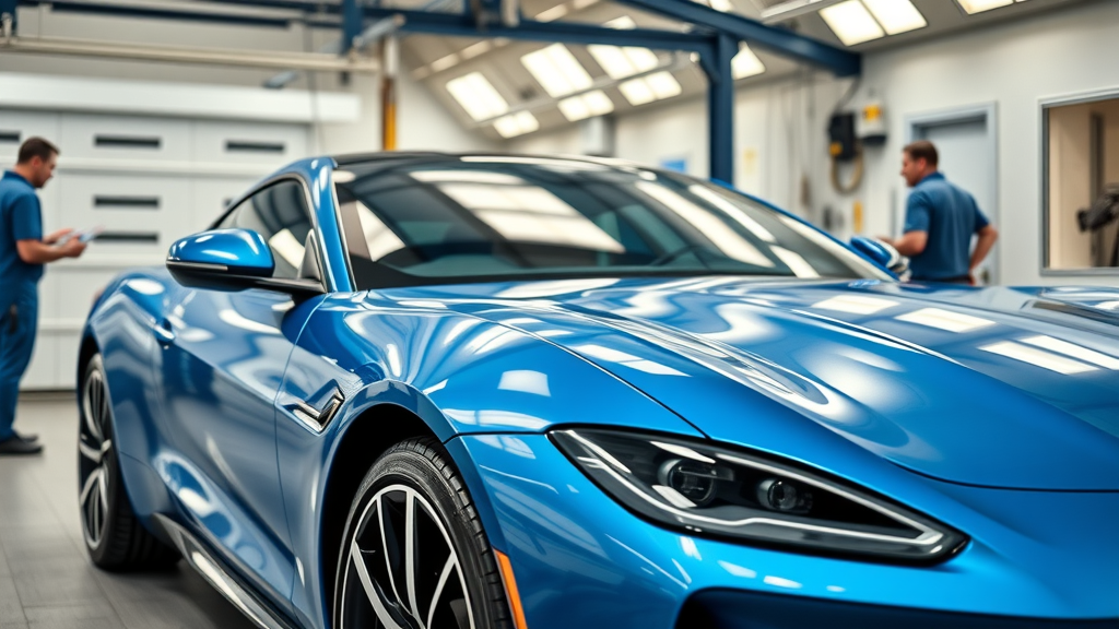 sleek modern car with flawless automotive refinishing, parked in professional auto workshop, metallic blue finish, reflections, advanced paint booths in background
