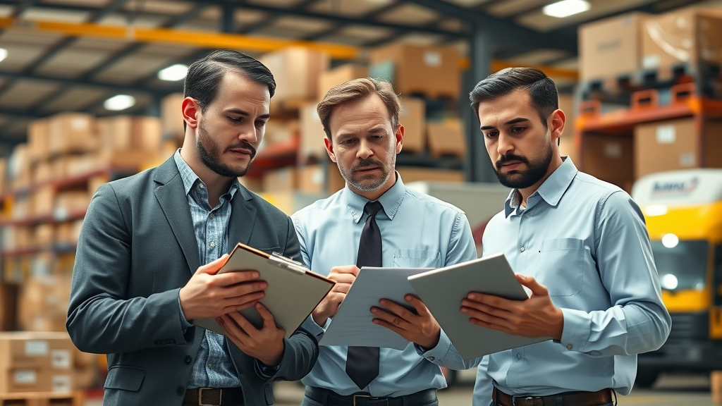 Concerned logistic managers reviewing supply chain routes for Krispy Kreme doughnuts in a bustling distribution warehouse with branded trucks.