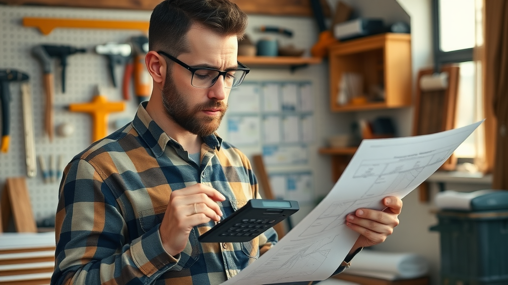 contractor calculating material expenses for home improvement project in workshop