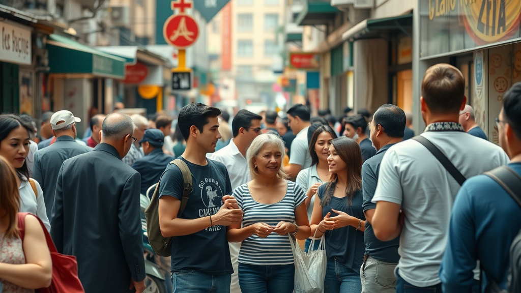 dynamic urban marketplace with local customer preferences, bustling diverse groups in city storefronts, highly detailed