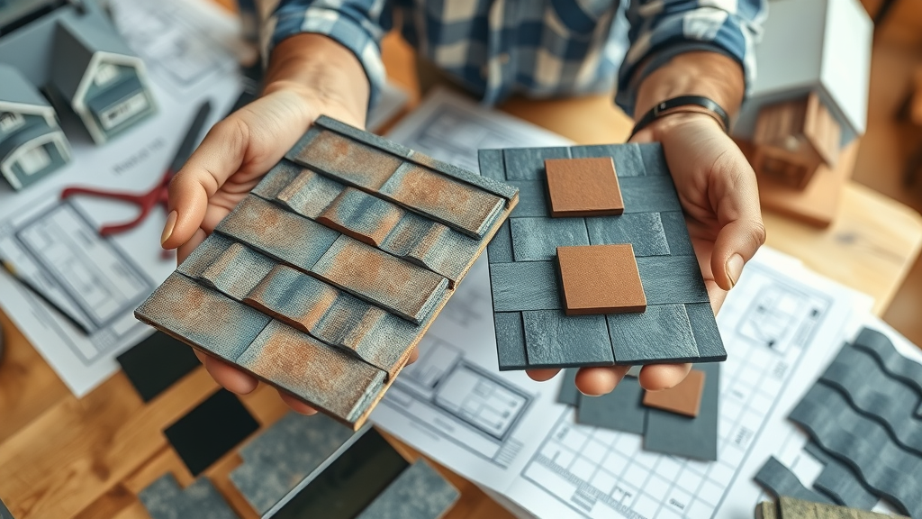 Close-up hands holding roofing material samples, types of roofing materials compared, asphalt shingle, metal, tile, slate for types of roofs