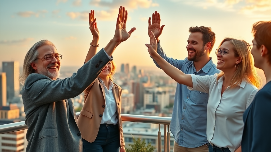 Uplifting team of entrepreneurs celebrating coaching business success after profit acceleration strategies
