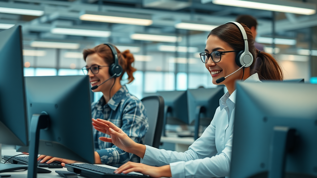 Call center agents collaborate with voice AI assistants on digital displays, showcasing customer service excellence with ai voice agents for business industry trends