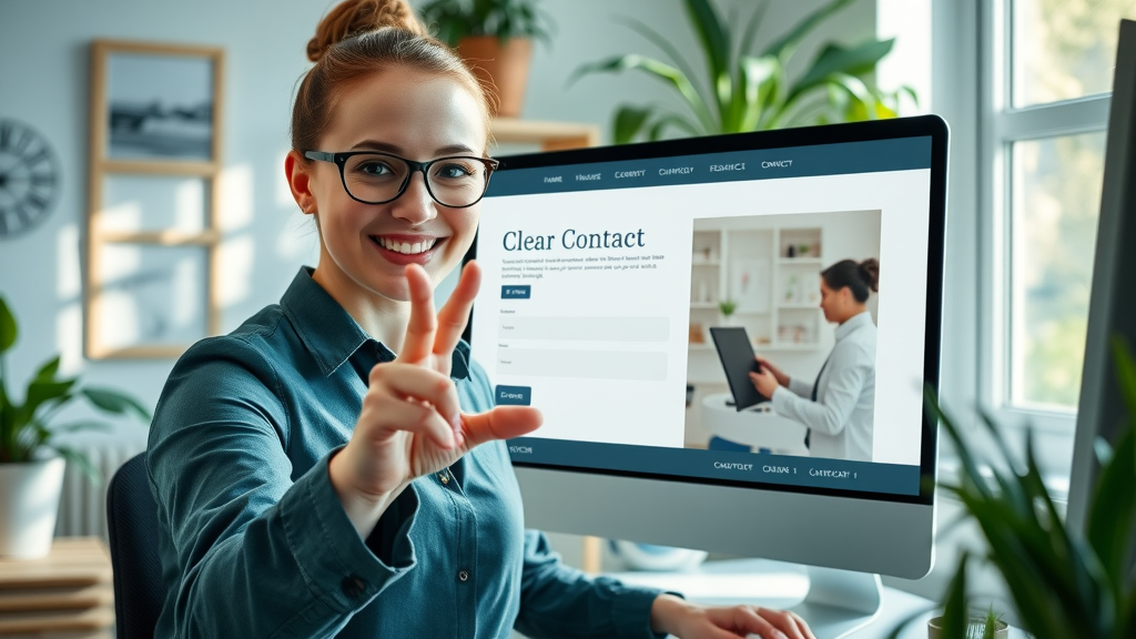 helpful office administrator highlighting contact section on a home service web page - contact information is critical for ranking