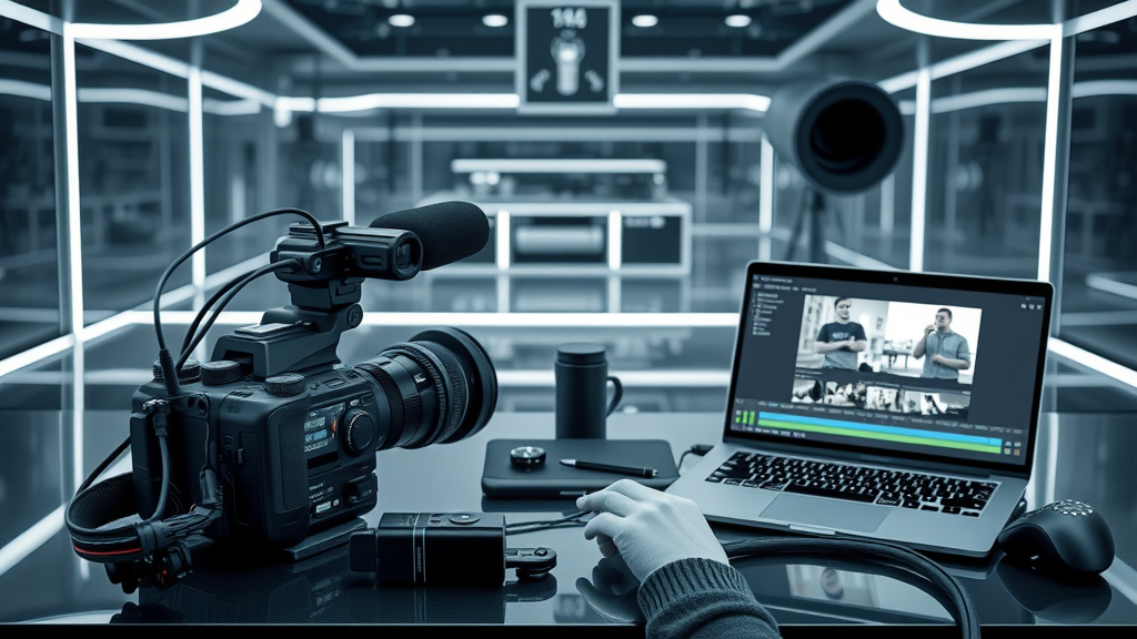 organized video production equipment flat lay for brand storytelling through video