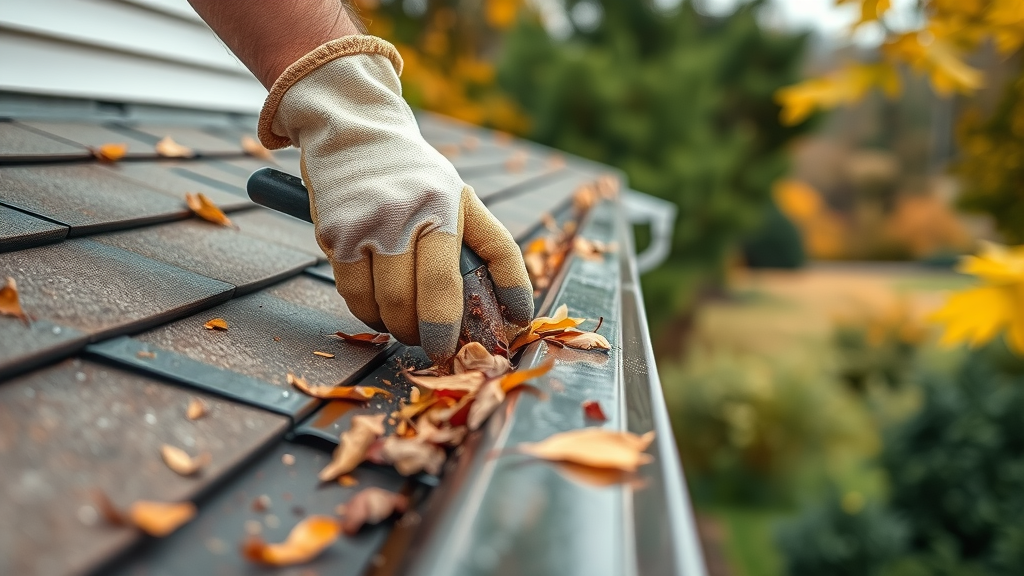 clean rain gutters, roof maintenance, shingle roof prevention of water damage, hands with gloves removing debris