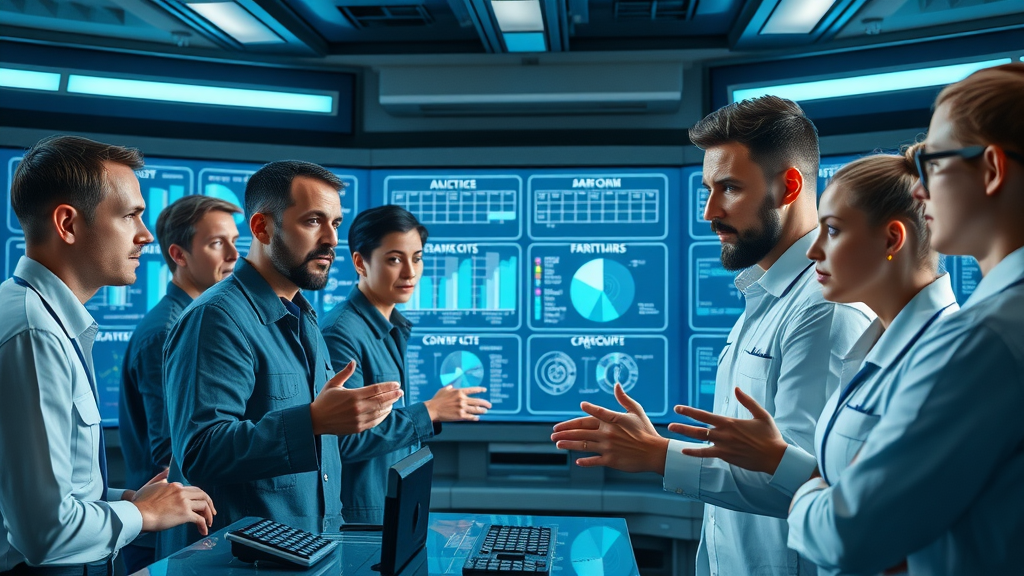 AI smart scheduling for hvac business, diverse technicians using control room interface, combating staff burnout in hvac