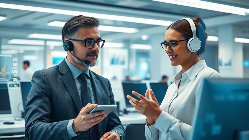 Futuristic call center with AI-powered voice assistants and business professionals, AI voice for business-customer engagement
