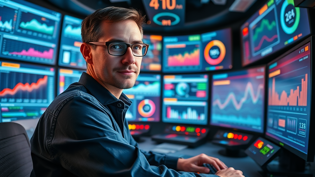 cutting-edge media planning command center, marketer monitoring digital campaign dashboards