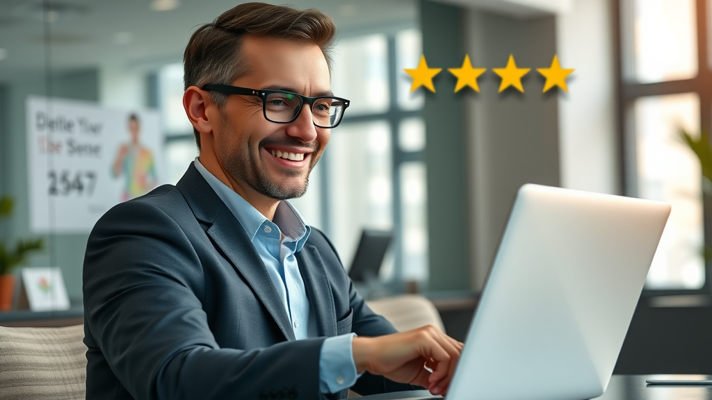 Businessperson updating business profile for off-page SEO, modern office with branding and reviews in background