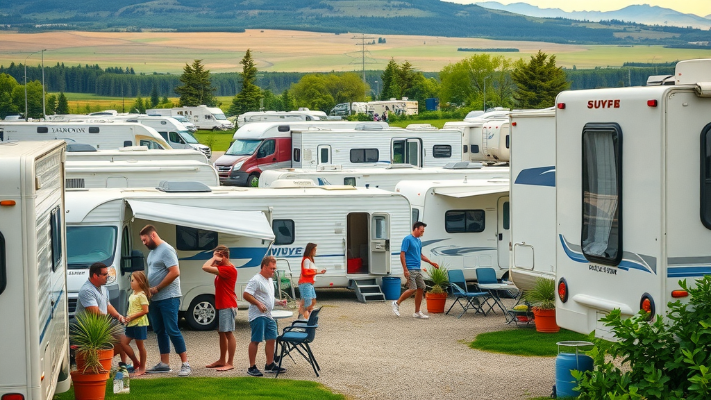 vibrant RV park industry trends 2024 showing families enjoying campers in a lively park