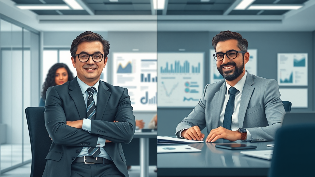 Split-screen: fractional CMO meeting with marketing team vs. full-time CMO at executive desk, showing role and cost differences