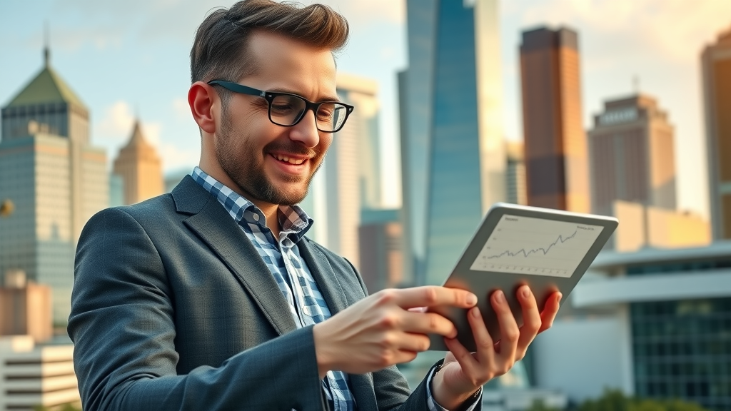 small business digital marketing in dallas, tx - Optimistic business owner reviews digital marketing analytics with Dallas skyline