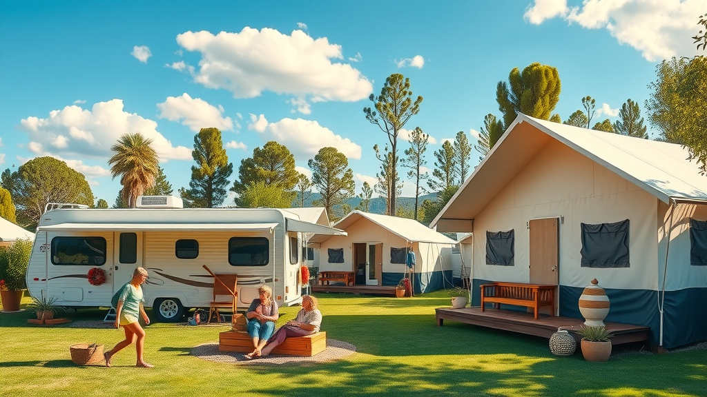 Vibrant RV park with glamping tents and modern amenities demonstrating effective marketing in buying and selling RV parks