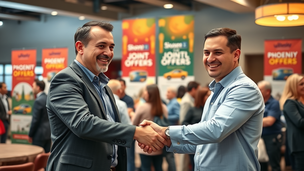 Friendly Phoenix business partners forming local partnerships with package deals, marketing and peak tourist season
