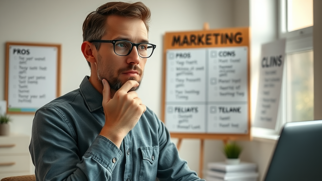 Thoughtful small business owner choosing between paid and organic marketing strategies in a bright modern workspace