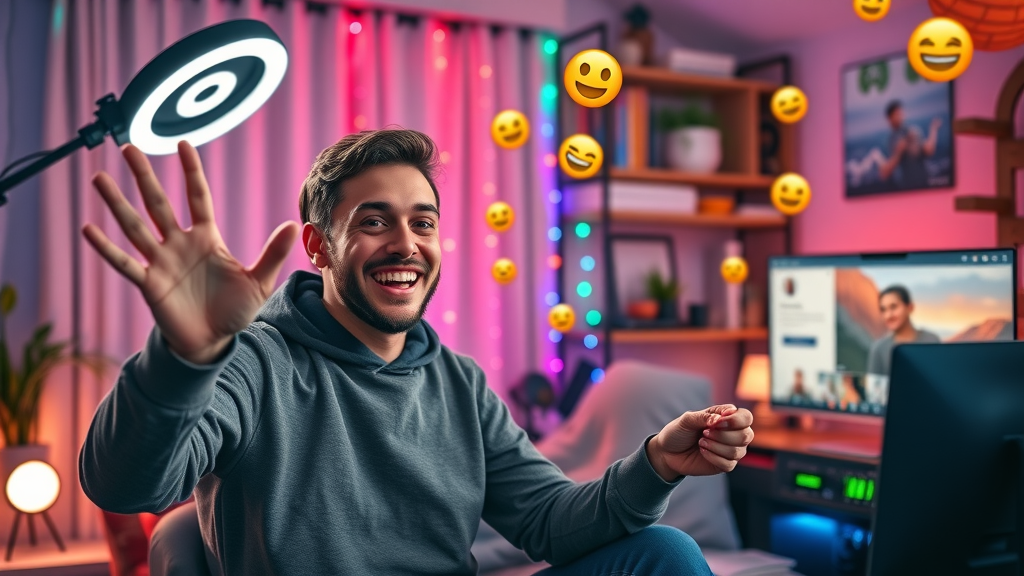 Livestreaming video marketing trend, influencer engaging live chat audience in vibrant studio