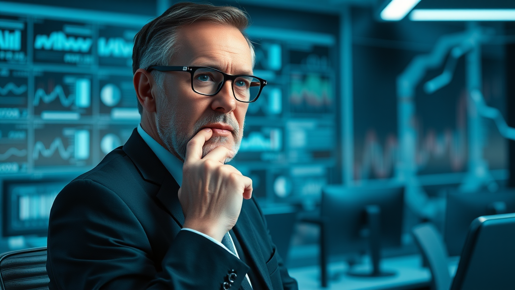 Business leader reflecting thoughtfully on AI search strategies related to credibility in AI search