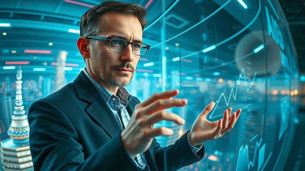 predictive analytics for media channel analytics in futuristic interface with strategist reviewing data