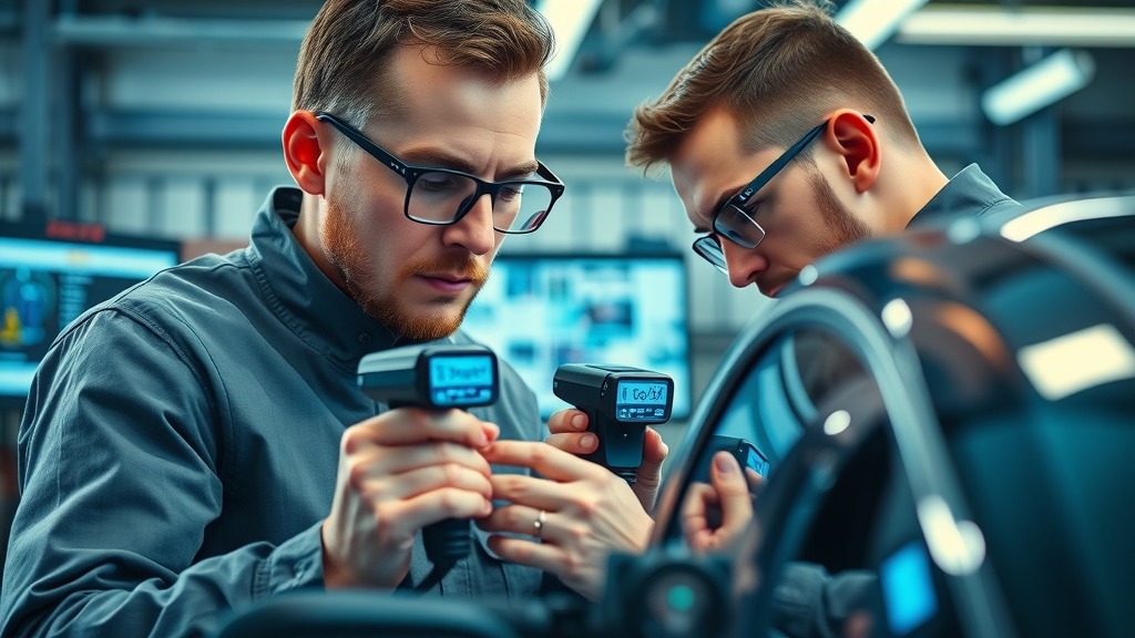 auto body shop technician using laser frame straightening equipment on car frame