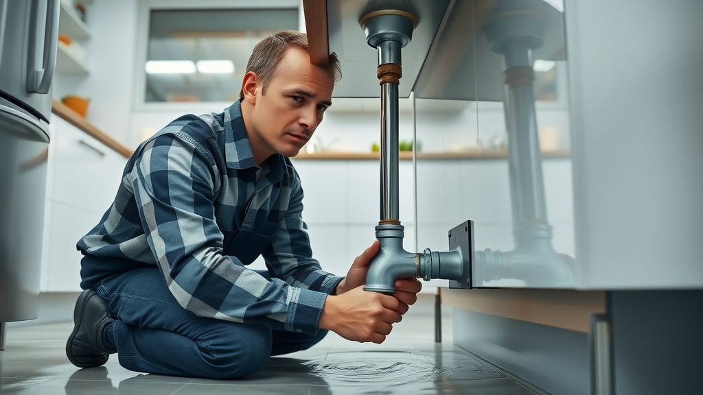 Professional plumber repairing leaking pipe in modern kitchen, plumbing emergency.
