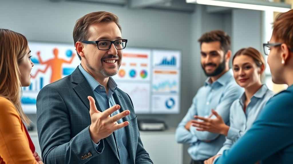 Professional fractional CMO leading an engaged digital marketing team meeting, emphasizing benefits and ROI, with digital screens in modern office