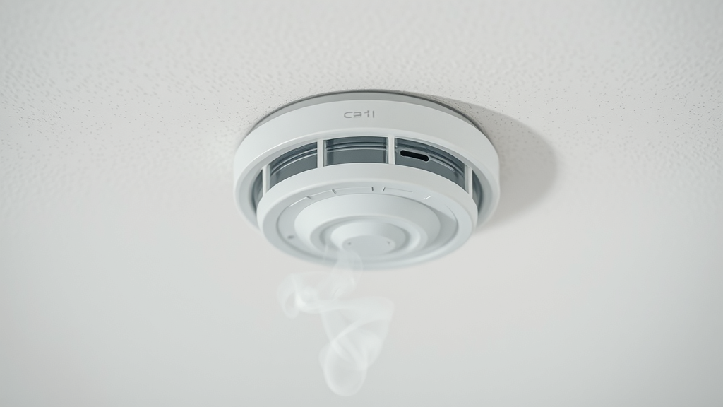Close-up of fire alarm detecting smoke on ceiling, highlighting safety features.