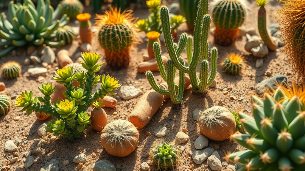 desert garden with sweet potatoes, cacti, succulents thriving in full sun, hot weather resilience Phoenix