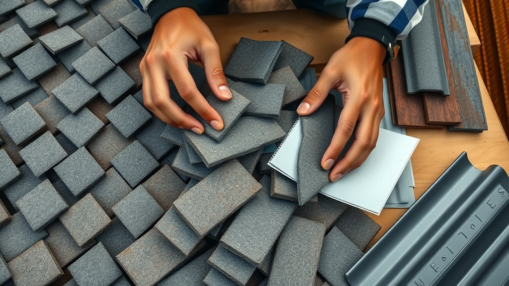 hands inspecting different roofing materials for new roof installation
