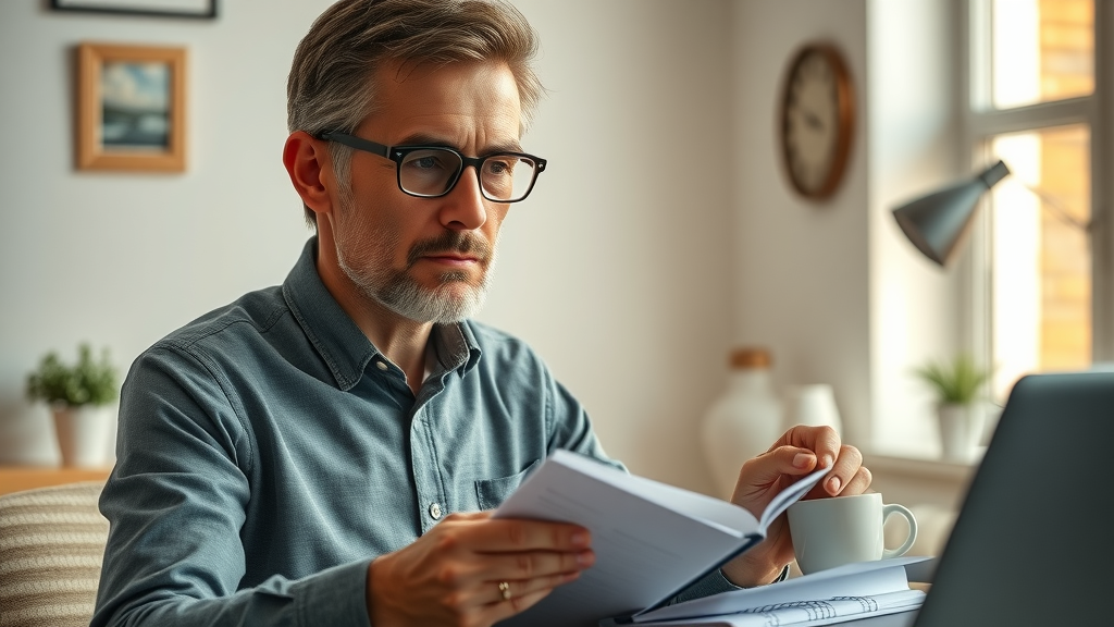 Focused coach sticking to a daily routine with planner and coffee in tidy home office