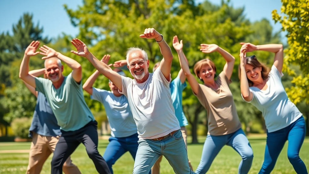 happy multi-generational family outdoors, improved range of motion, sacramento chiropractor, scenic park, stretching together