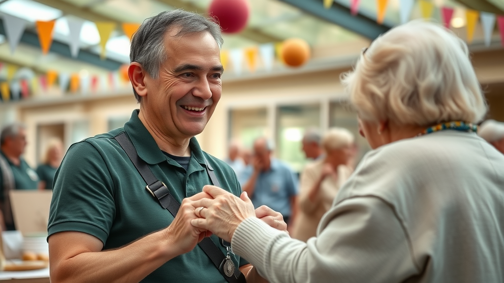 Motivated volunteer helping elderly resident at a local community event, fostering community understanding