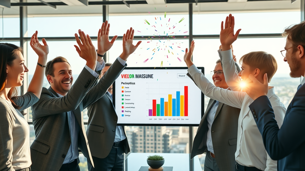 Business team celebrating successful video marketing campaign results with digital charts in meeting room